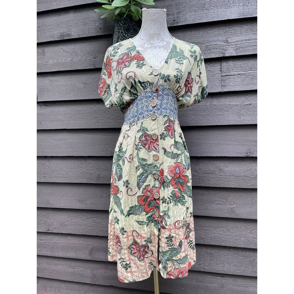 Vintage Angie Boho Floral Patchwork Midi Dress Button Front Rayon Cottagecore S